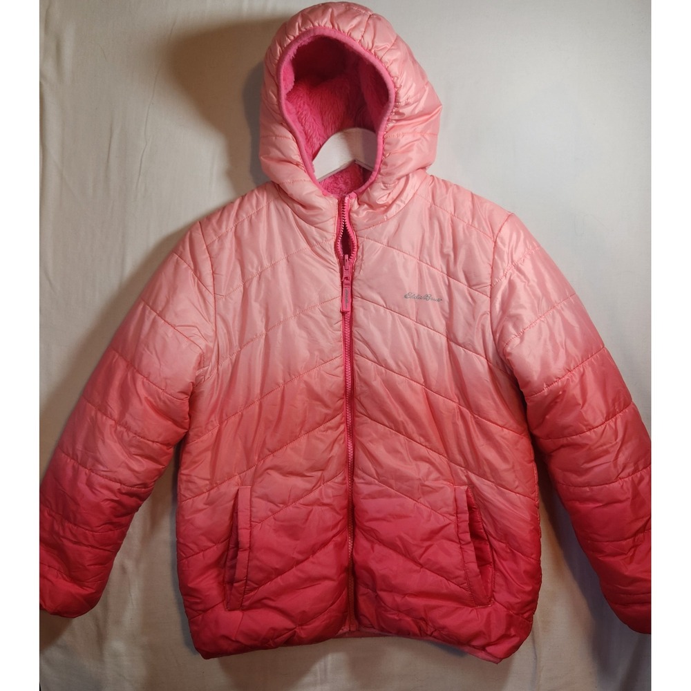 Eddie Bauer Girls Pink Ombre Puffer Jacket Faux Fur Lined Hooded Quilted Coat